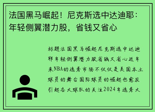 法国黑马崛起！尼克斯选中达迪耶：年轻侧翼潜力股，省钱又省心