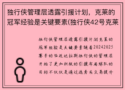 独行侠管理层透露引援计划，克莱的冠军经验是关键要素(独行侠42号克莱伯)